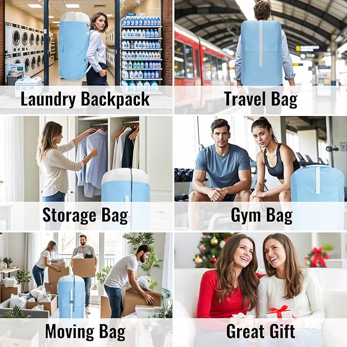 Laundry Bag Backpack, 125L Extra Large Travel with Shoulder Straps, Adjustable & Extendable Design, Laundry Hamper Bag with 3 Pockets for Laundromat, College, Travel, Camping (Light Blue)