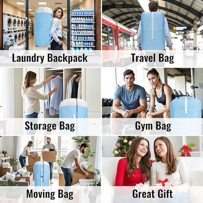 Laundry Bag Backpack, 125L Extra Large Travel with Shoulder Straps, Adjustable & Extendable Design, Laundry Hamper Bag with 3 Pockets for Laundromat, College, Travel, Camping (Light Blue)
