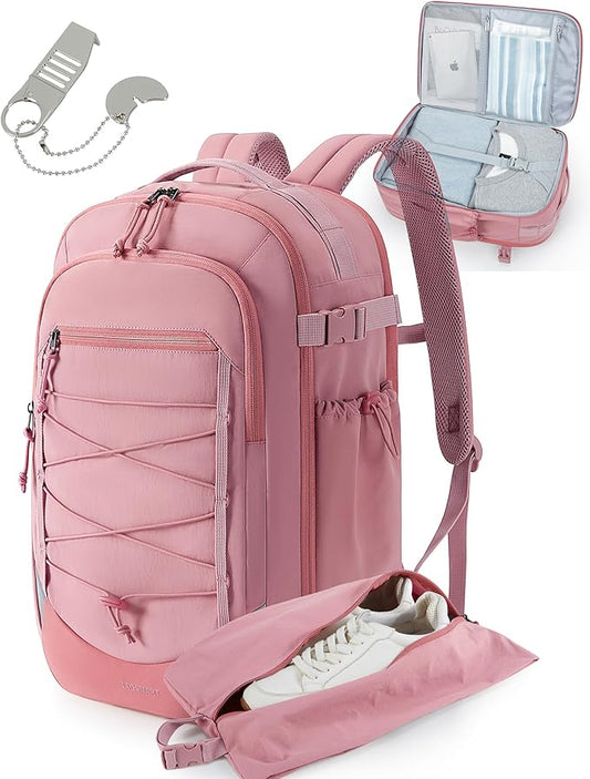 BAGSMART Carry On Backpack, 17.3 Inch Large Travel backpack Carry On Flight Approved, Personal Item Backpack Travel Bag With Shoe Bag, 27L Water Resistant Casual Daypack, Pink
