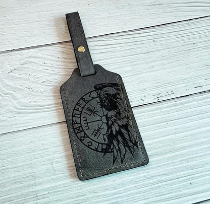 Mayan Corner - Leather Luggage Tag with Celtic Raven Design, ID Window, Grey, Brass Hardware, 4.3 x 2.7 inches