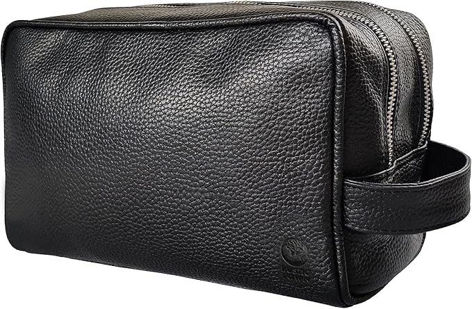 RUSTIC TOWN Full Grain Leather Travel Toiletry Bag - Cosmetic Makeup Kit Organizer (Medium, Black)