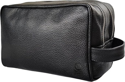 RUSTIC TOWN Full Grain Leather Travel Toiletry Bag - Cosmetic Makeup Kit Organizer (Medium, Black)