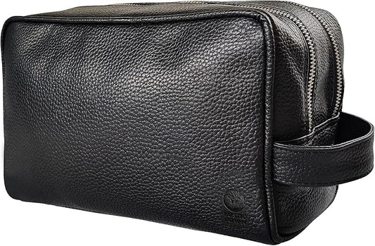RUSTIC TOWN Full Grain Leather Travel Toiletry Bag - Cosmetic Makeup Kit Organizer (Medium, Black)