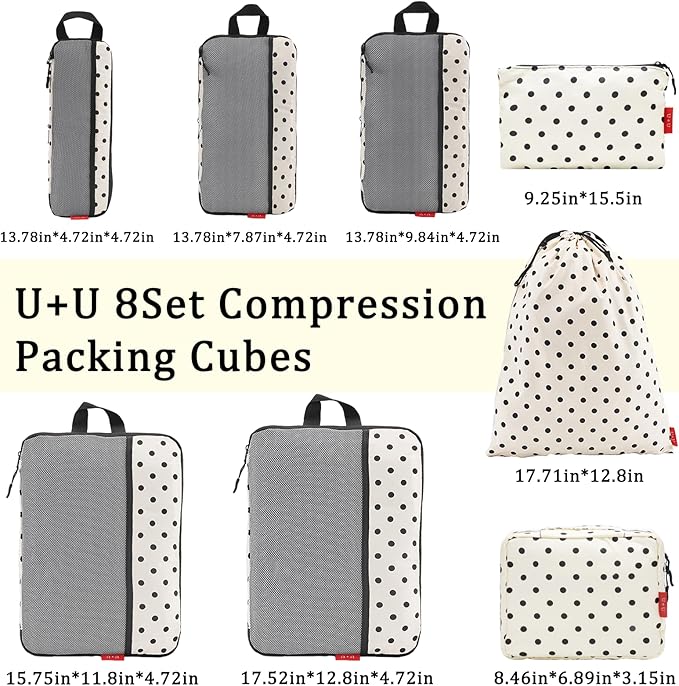 U+U 8 Set Compression Packing Cubes - Ultralight Travel Organizers with Laundry Bag and Cosmetic Bag, Space-Saving Suitcase Organizer for Travel, Business Trip and Family Vacation (Polka Dot)