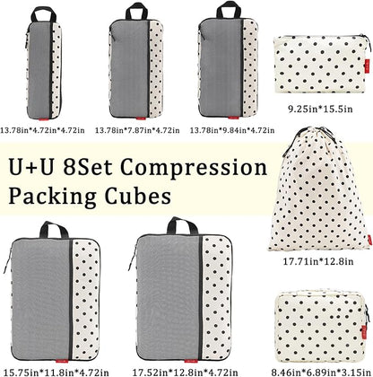 U+U 8 Set Compression Packing Cubes - Ultralight Travel Organizers with Laundry Bag and Cosmetic Bag, Space-Saving Suitcase Organizer for Travel, Business Trip and Family Vacation (Polka Dot)