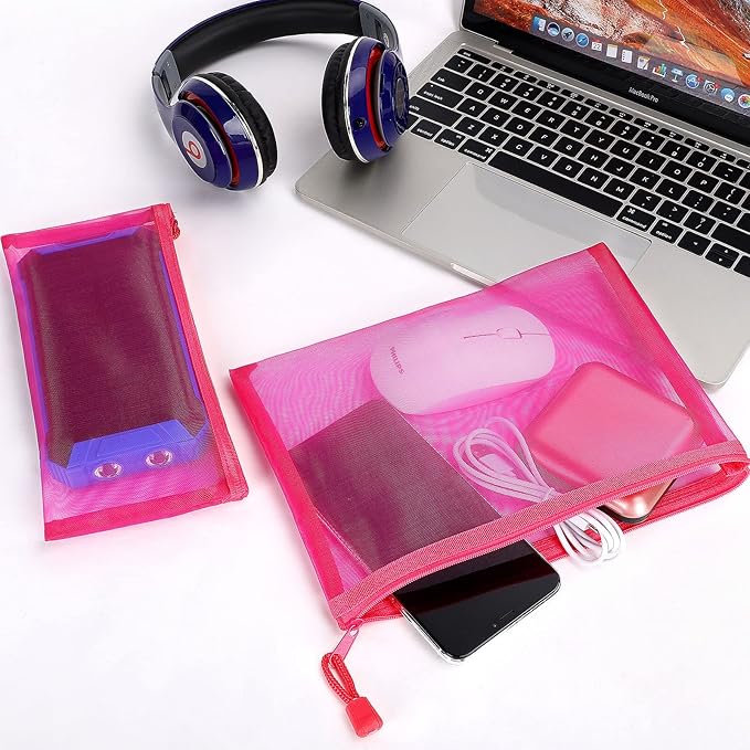 12 Pieces Zipper Nylon Mesh Pouch, Mesh Cosmetic Bags Makeup Bags Pencil Case, Multipurpose Travel Bags for Cosmetic School Office Supplies and Travel Accessories (Hot Pink, A5+B6)