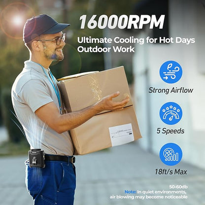 AMACOOL Portable Waist Fan Clip On, MAX 40H Work Time, 10000mAh Rechargeable Wearable Shirt Fan with Light, 16000RPM Powerful 5 Speed Belt Fans Personal Cooling Fans for Outdoor Jobsite Travel
