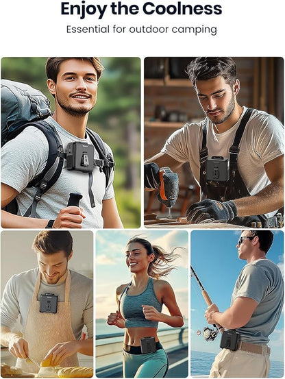 Warmco Portable Waist Fan,10000mAh Rechargeable Clip On Belt Fan with LED Light, 4 Speeds & 16000RPM Strong Airflow Wearable Neck for Camping, Outdoor, Hiking