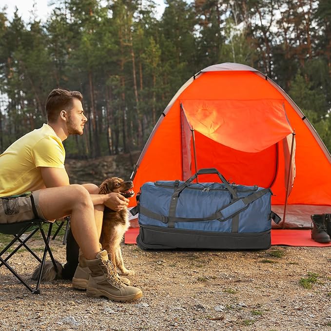 Vomgomfom Wheeled Collapsible Duffel Bag,110L-140L Expandable Checked Luggage, No-Telescopic-Handle with Anti-Burst Zipper & Reinforced Frame,Navy