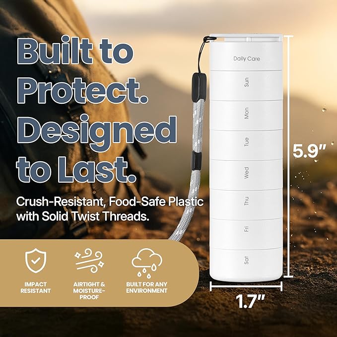 Ankomn - 7 Day Travel Pill Organizer. IPX7 Rating Waterproof, Airtight & Portable Pill Case for Vitamins. Durable Weekly Supplement Case with Stackable Compartments for Outdoor Use - White