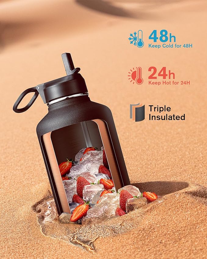 64 oz Water Bottle Insulated with Straw & 3 Lids, Coolflask Large Metal Stainless Steel Water Jug Big Half Gallon Wide Mouth for Sports, Gym or Office, Non-BPA Keep Cold 48H Hot 24H, Magic Black