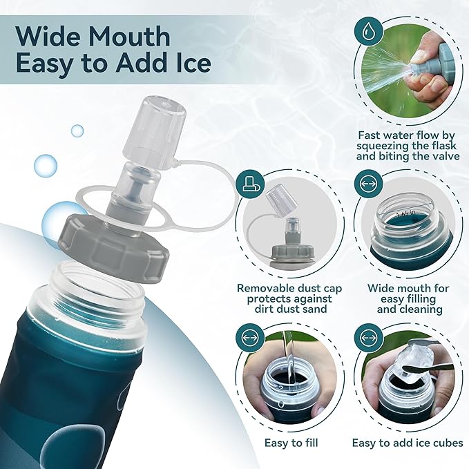 MARCHWAY Soft Hydration Flask with Wide Mouth, 300ml/500ml Collapsible TPU Water Bottle, Leakproof Portable Flexible for Running, Hiking, Cycling, Climbing, Gym, Travel (2pcs Blackish Green 500ml)