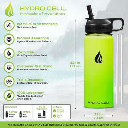 HYDRO CELL Stainless Steel Insulated Water Bottle with Straw - For Cold & Hot Drinks - Metal Vacuum Flask with Screw Cap and Modern Leakproof Sport Thermos for Adults (Neon 18oz)