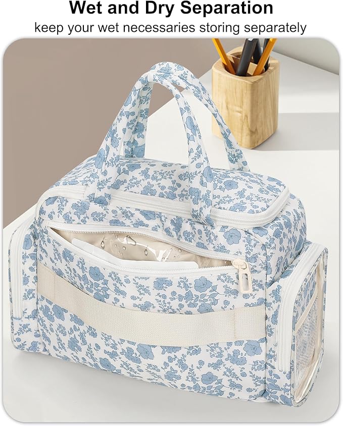 Travel Makeup Bag, Lightweight Wide-open Toiletries Bag for Women, Large Cosmetic Organizer Bag with Makeup Brushes Compartment for Travel-Sized Essentials for Trip, Camping - Blue Flower