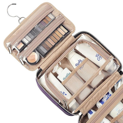 NISHEL Travel Toiletry Bag for women, Portable Hanging Organizer for Travel-Sized Shampoo, Conditioner, Brushes Set, Makeup Accessories, Medium Size, Purple