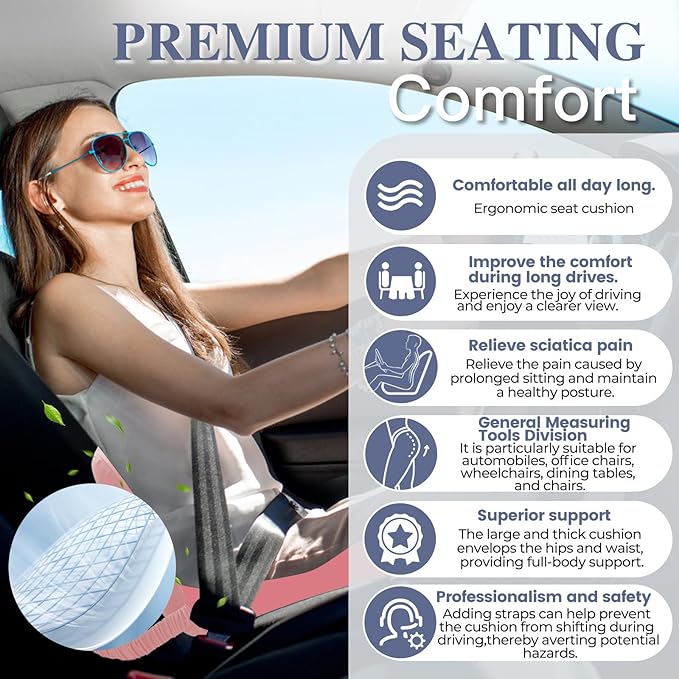 Memory Foam Seat Cushion for Sciatica & Back Pain Relief - Ergonomic Chair Pad with Adjustable Strap & Supportive Comfort Cover, Non-Slip for Car, Truck, Office Chair - Pink