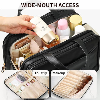 Large Travel Toiletry Bag with Makeup Brush Holder, 25 Pockets, Double Reinforced Handles & Luggage Sleeve, Waterproof PU Leather Cosmetic Organizer (Black)