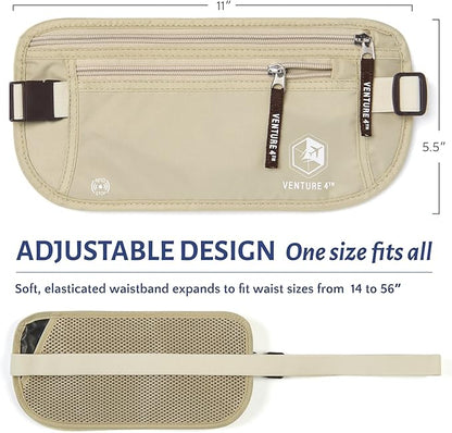 VENTURE 4TH Slim Minimalist Design RFID Money Belt with RFID Blocking Sleeves, for Men and Women – Ideal for Keeping Your Cash, Credit Card, Passport, Phone Secure When Traveling - Beige