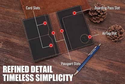 STAR VISTA Albatross Leather Travel Passport Holder, Minimalist Design, Full Grain Leather Case for Women and Men - Slim Passport Wallet, Bifold, RFID Blocking, with AirTag Holder, Dark Chocolate