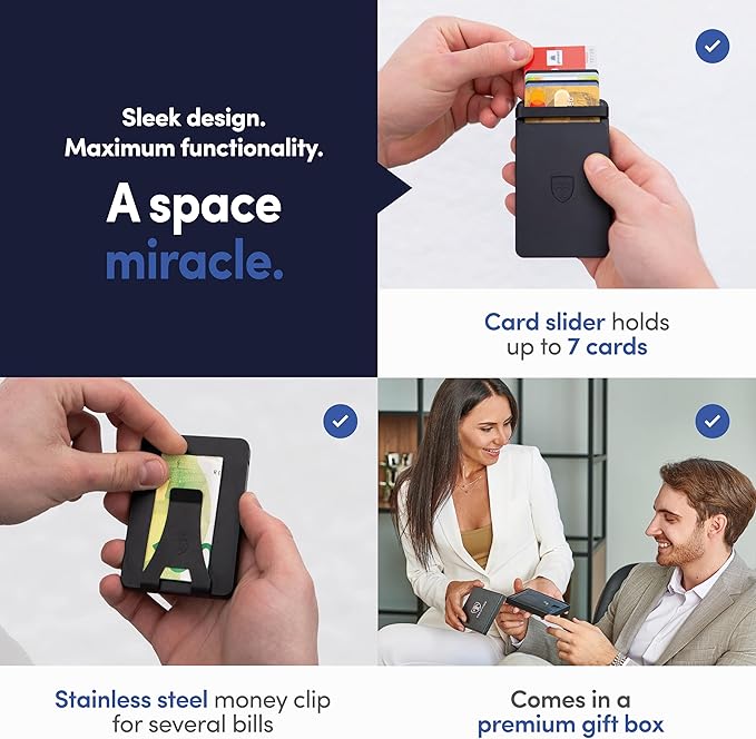TRAVANDO SLYDE Aluminum Card Holder - RFID Blocking Slim Wallet for Men with Money Clip – Holds Up to 7 Cards – RFID Protected Credit Card Mens Wallet (Black)