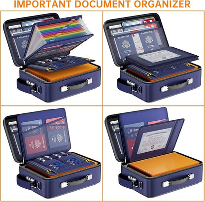 DocSafe Fireproof Document Box with Lock, Hard Case File Organizer with Accordion File Folder, Fireproof Water Resistant Safe Box Home Office Travel Storage for Important Documents Laptop Blue