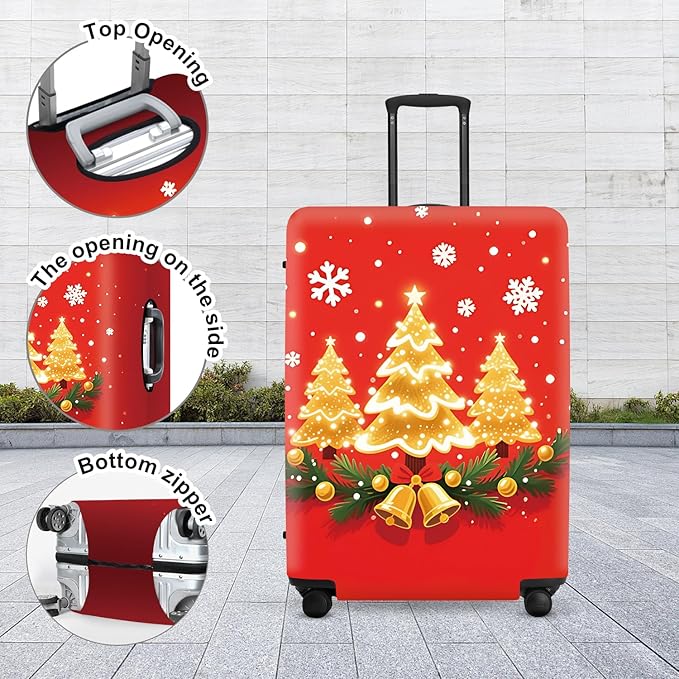 Golden Christmas Trees Luggage Cover - Sparkling Trees with Bells and Holly on Red Background, Elegant Holiday Design Stretchable Suitcase Protector for 32 34 Inch Travel Bags