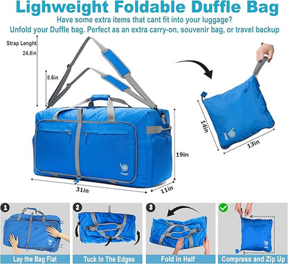 Bago Large Foldable Duffel Bags for Traveling Women & Men - 120L Packable Duffle Bag for Travel with Shoe Compartment - Water Repellant, Heavy Duty, Lightweight Folding & Collapsible (Blue)