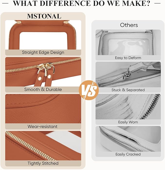 Clear Makeup Bag, Travel Toiletry Bag Cosmetic Case for Women, Waterproof Portable Make Up Skincare Pouch with Zipper, Compact Car Organizer Bag for Essentials, Mini & Medium, Brown