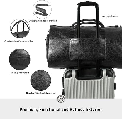 STOVER Garment Travel Duffle Bag, Large 2-in-1 Convertible Carry-on Luggage for Men & Women- Hanging Suits, Dresses & Clothes + Shoe Compartment- Weekender Tote Combo Duffel (Black Leatherette)