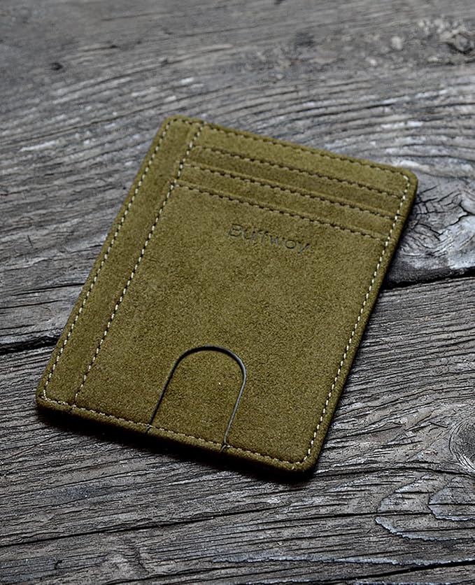 Buffway Slim Minimalist Front Pocket RFID Blocking Leather Wallets for Men and Women - At Sahara Desert Green
