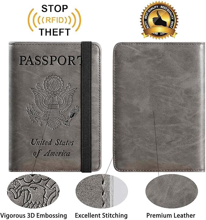 Passport Holder With Luggage Tag Travel Essentials Passport Cover Wallet RFID Blocking Leather Case International Must Haves Travel Accessories Women Men(115#Grey)