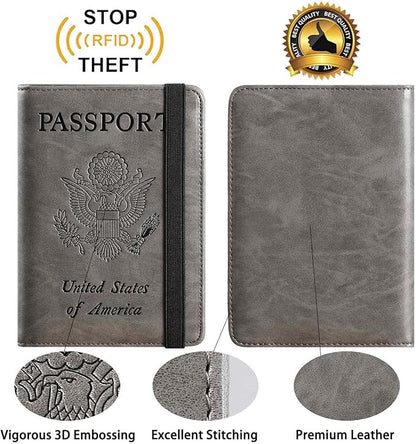 Passport Holder With Luggage Tag Travel Essentials Passport Cover Wallet RFID Blocking Leather Case International Must Haves Travel Accessories Women Men(115#Grey)