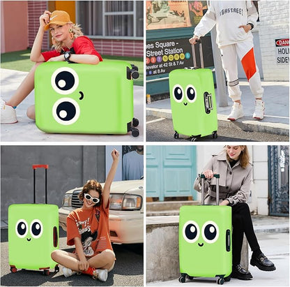 ANNA QUEEN Cute Smiley Face Luggage Cover, Green and Teal Cartoon Suitcase Protector with Big Eyes Design, Stretchable, Washable Travel Cover for 20-22 Inch Luggage