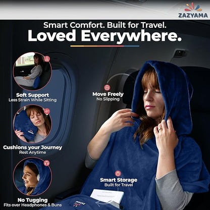 3-in-1 Travel Blanket Airplane – Compact with Bag & Pillow Combo Set, Navy Blue Ultra-Soft Fleece | Packable Blanket Compact | Hidden Pocket | Trolley Sleeve | Carabiner | Travel Essentials