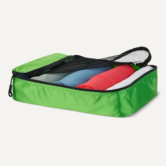 Amazon Essentials 4-Piece Packing Cubes Travel Accessories Set, Luggage Organizer with Double Zipper, Mesh Top, 100% Polyester, Small/Medium/Large/Slim, Green (Previously Amazon Basics)