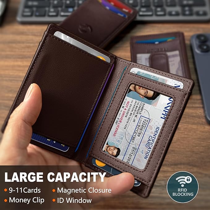 Magnetic Closure Slim Wallet with Money Clip Gift Boxed,Genuine Leather Front Pocket Wallet for Men, 3.9"x 2.8", RFID Blocking