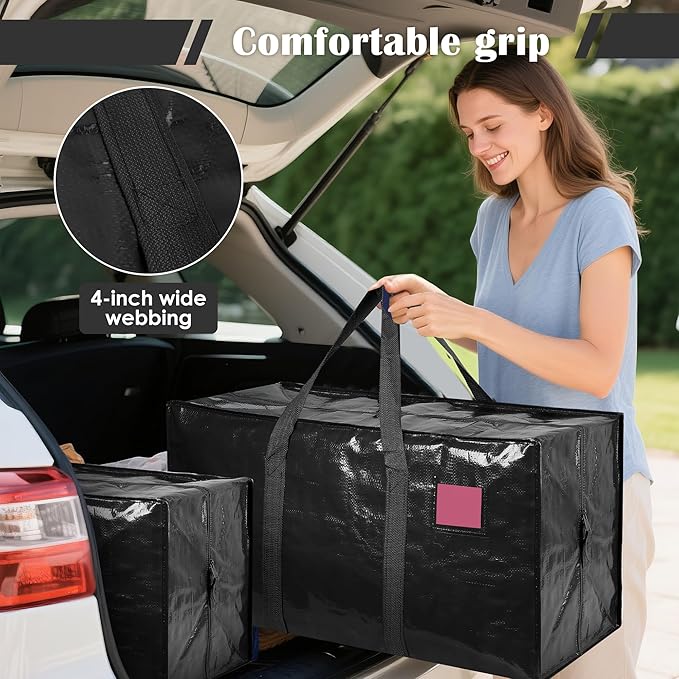 12 Pack Extra Large Heavy Duty Moving Bags with Reinforced Zipper & Wide Handles, Moisture-Resistant Storage Bins Packing Cubes for Clothes, College Dorm, Travel, and Home Organization, Black
