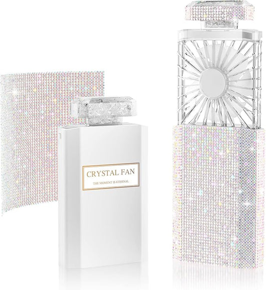 LIGHTDESIRE DIY Bling Crystal Rhinestones Handheld Mini Personal Cooling Fan, 3 Speeds Mode with Crystal Rhinestones Sticker Sheet (White Fan with DIY Diamonds)