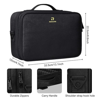 MONSTINA Travel Makeup Train Case,13.8 inches Large Cosmetic Case,Makeup Brush Holder Organizer and Storage with Adjustable Dividers and Shoulder Strap (Black)