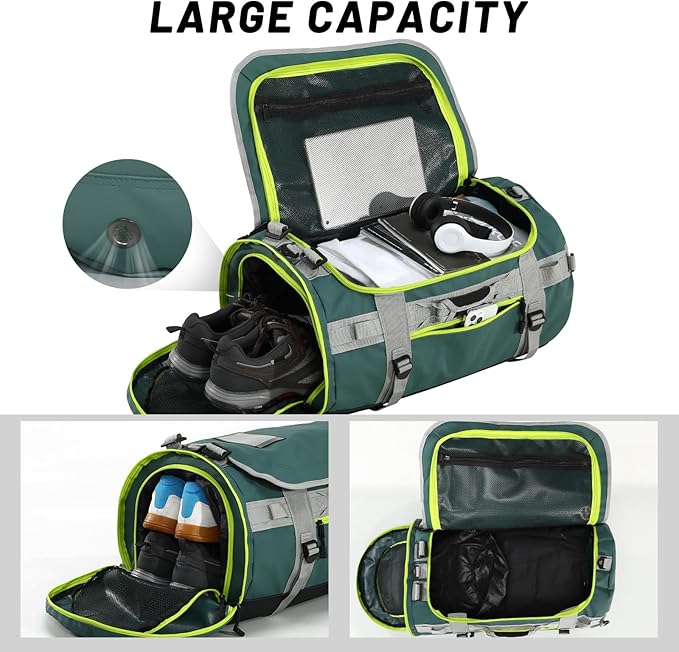 MIER Large Duffel Backpack Sports Gym Bag with Shoe Compartment, Heavy Duty and Water Resistant, Green, 60L