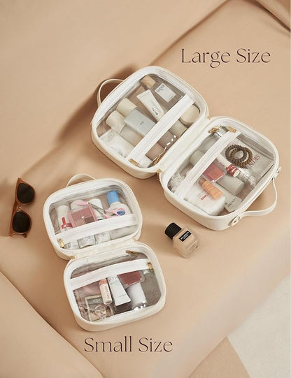 Clear Cosmetic Bag Double Layer Travel Toiletry Bag Clear Makeup Bag Case with 4 Compartments, Transparent Travel Bag for Toiletries, Large Toiletry Bag for Women Cosmetic Case (White, Large)