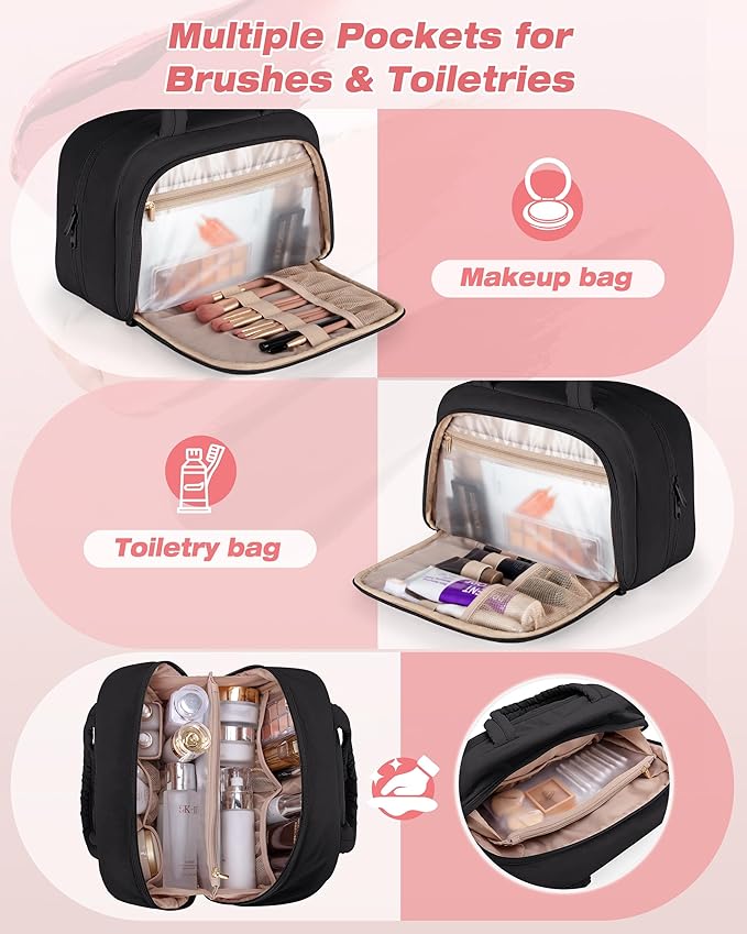 Travel Toiletry Bag for Women with Hanging Hook, Water Resistant Puffy Makeup Organizer with Leak Proof Pockets for Toiletries and Cosmetics - Black (Bag Only)