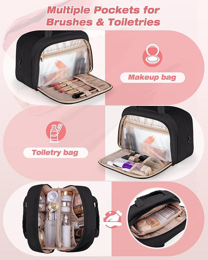 Travel Toiletry Bag for Women with Hanging Hook, Water Resistant Puffy Makeup Organizer with Leak Proof Pockets for Toiletries and Cosmetics - Black (Bag Only)