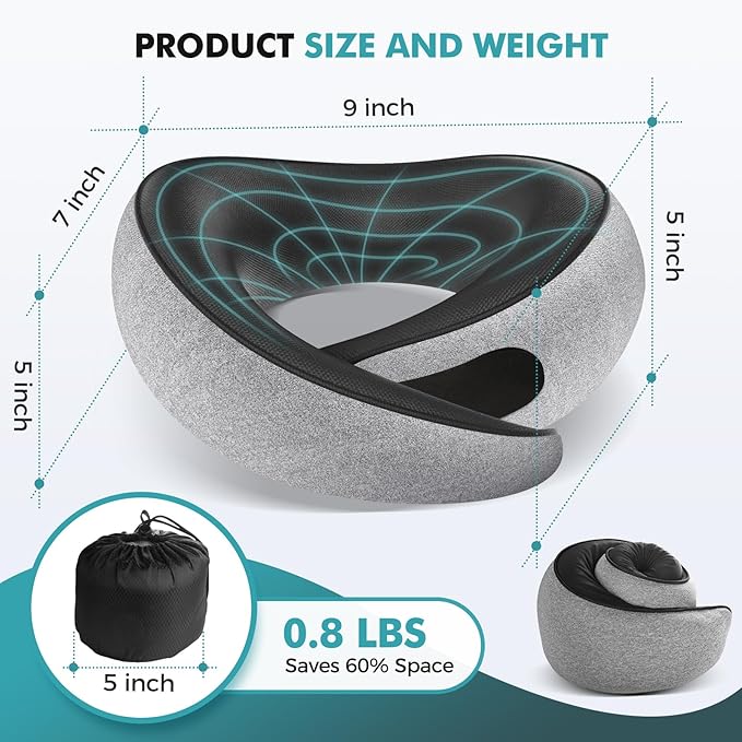 Travel Neck Pillows for Airplanes - 360° Ergonomic Memory Foam Travel Pillow - Relief Neck Pain with Breathable Support for Long Flights, Car, Train & Office Use - Adults & Kids (Gray)
