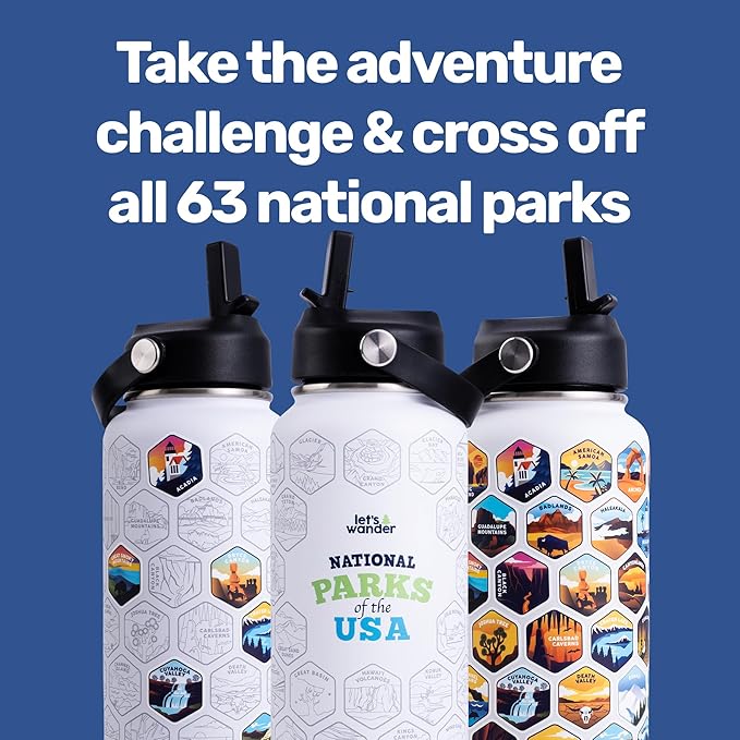 LET'S WANDER Original National Parks Water Bottle with 63 Waterproof Stickers - 32oz Leakproof Insulated Stainless Steel with Straw - USA Hiker Gift Bottle (White)