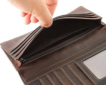 Leather Phone Wallet for Men RFID Blocking Long Wallet Genuine Crazy Horse Leather Coffee Brown Wallet with Card Slots ID Window Zipper Coin Pocket Cash Holder Travel Wallet