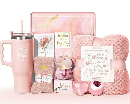 Birthday Gifts for Women Self Care Gifts Get Well Soon Gifts, Rose Relaxing Spa Gifts Basket Care Package w/ Flannel Blanket 40 OZ Tumbler, Christmas Gifts for Mom Wife Grandma Friends Sisters Her