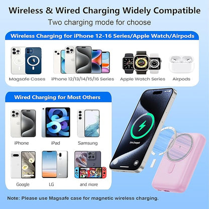 Magnetic Portable Charger for iPhone,10800mAh 4-in-1 Power Bank with iWatch Charger,25W PD Fast Charging Battery Pack for Magsafe,iPhone 17/16/15/14/13/12 Series,Apple Watch,Travel Essential,Pink