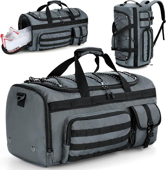 Gonex 45L Duffel Bag for Men, 3 in 1 Convertible Carry Gym Duffle with Shoe Compartment, Tactical Gear Loops, Water-Repellent Lining, Workout & Travel Bag (Gray)