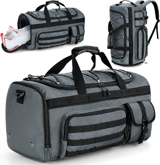 Gonex 45L Duffel Bag for Men, 3 in 1 Convertible Carry Gym Duffle with Shoe Compartment, Tactical Gear Loops, Water-Repellent Lining, Workout & Travel Bag (Gray)